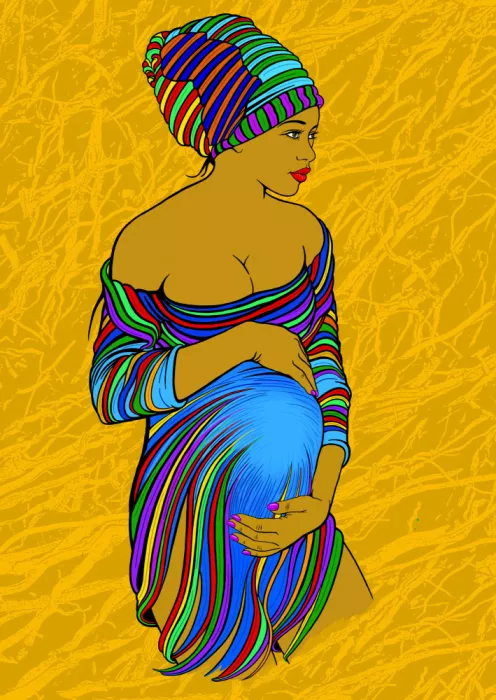 Kaminski, Carlo: #Mère26 Mère enceinte au foulard et robe aux couleurs africaines sur fond jaune