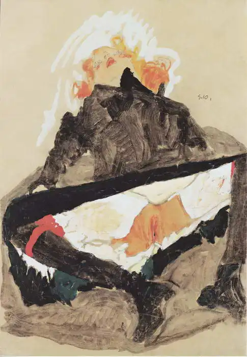 Schiele, Egon: Rusovlasá dívka v černých šatech s roztaženými nohami