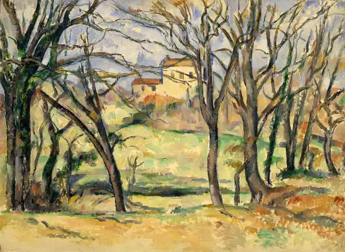 Cézanne, Paul: Stromy a domy u Jas de Bouffan