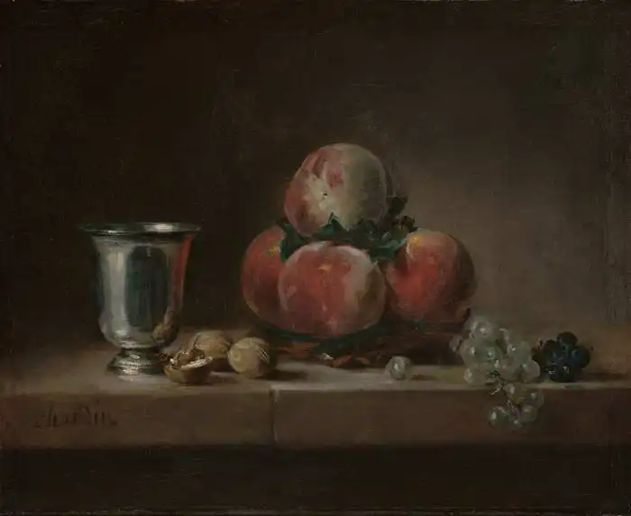 Chardin, Jean-Siméon: Zátiší s broskvemi, pohárem, ořechy a hroznovým vínem