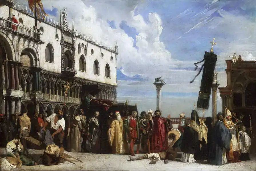 Hesse, Alexandre Jean B.: Pohřební vyznamenání Tizianovi (v Benátkách během moru 1576)