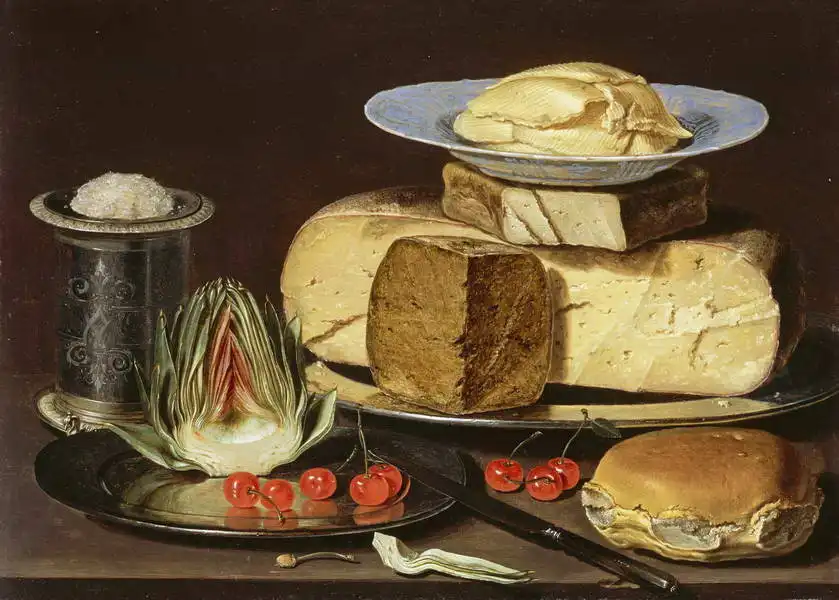 Peeters, Clara: Still life with cheese, artichokes and cherries