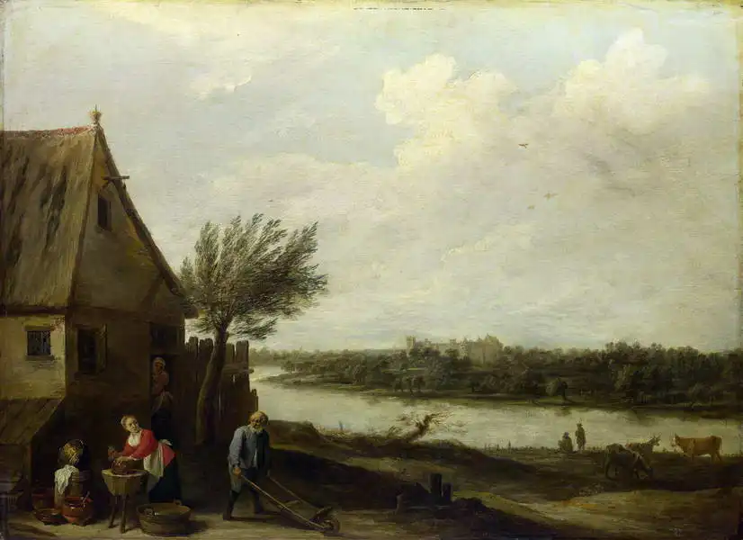Teniers, David (ml.): Chata u řeky s hradem v dáli