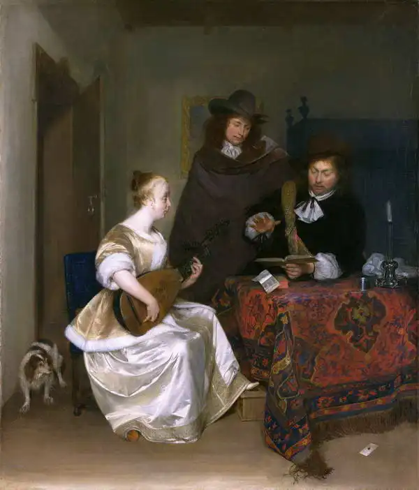 Borch, Gerard: Žena hrající na theorbo dvěma mužům