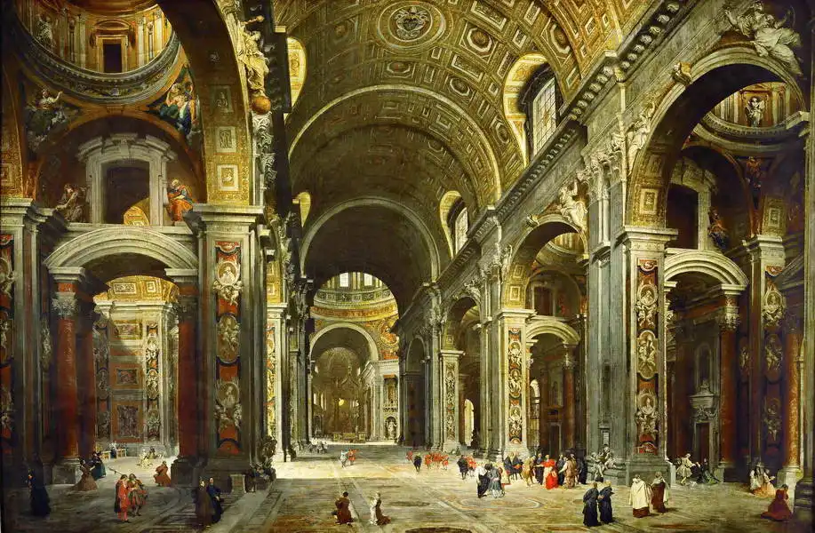 Panini, Giovanni Paolo: Kardinál Melchior de Polignac při návštěva baziliky svatého Petra v Římě