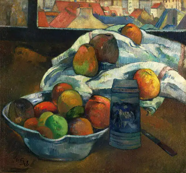Gauguin, Paul: Mísa ovoce a džbán před oknem