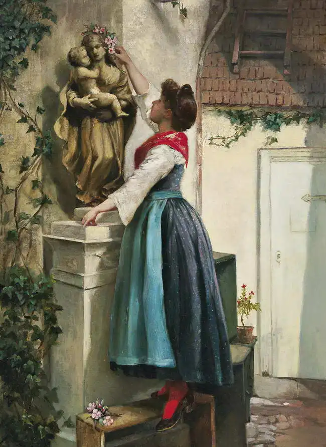 Kinzel, Josef: Statue der Jungfrau Maria mit Blumenschmuck