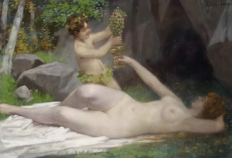 Schivert, Victor: Nymphe de la forêt avec un jeune Bacchus