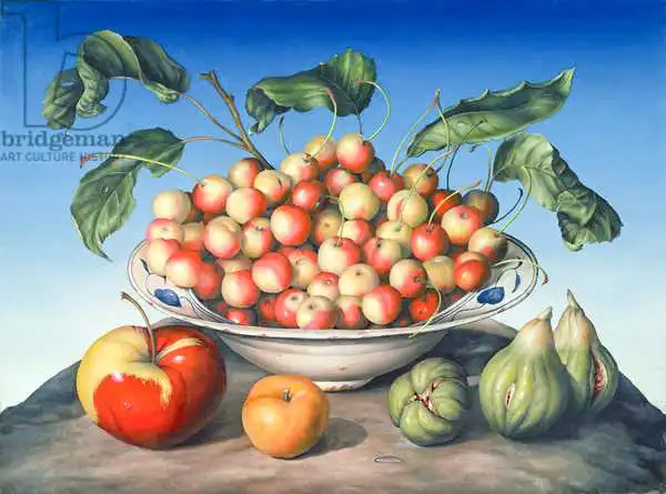 Kleiser, Amelia: Cherries in Delft bowl with red and yellow apple
