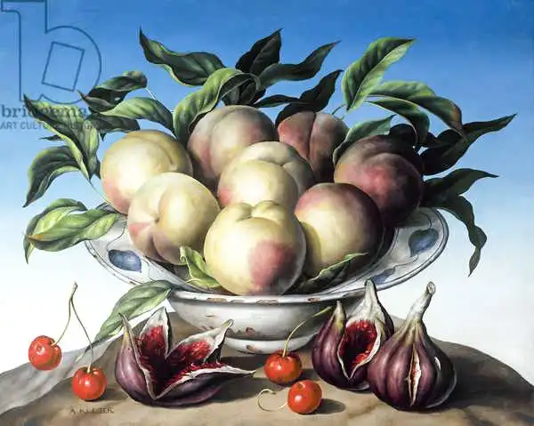 Kleiser, Amelia: Peaches in Delft bowl with purple figs