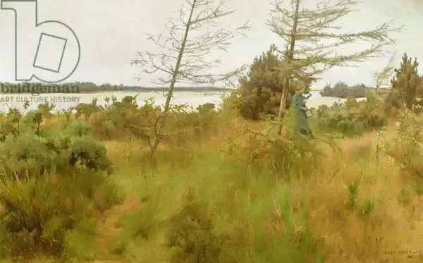 Mann, Alexander: Gathering Firewood by the shore of a lake, 1885 (painting)