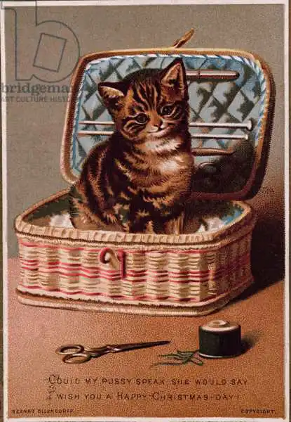 English school (19th century): Chatte dans le workbasket