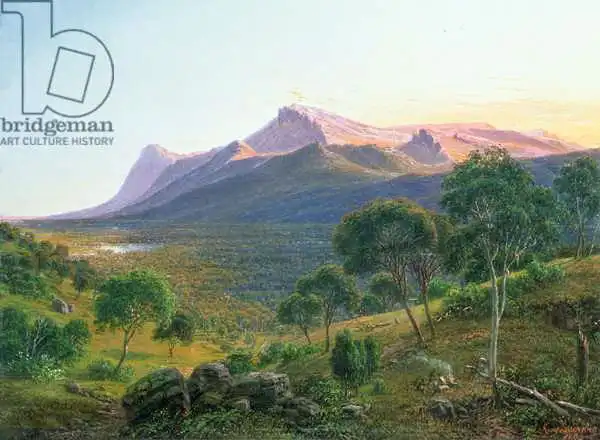 Guérard, Eugene: Aborigines by a Fire before Mount William as seen from Mount Dryden in the Grampians, Victoria