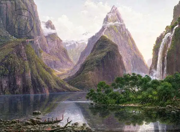 Eugene von Guerard: Native figures in a canoe at Milford Sound