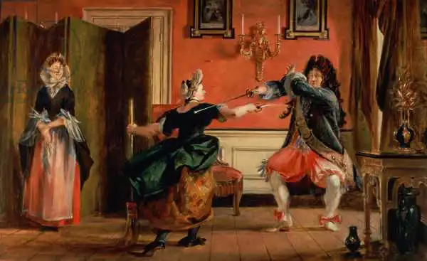 Leslie, Charles Robert: Jourdain Fences his Maid, Nicole with his Wife Looking on. Scene From Le Bourgeois Gentilhomme , Act III