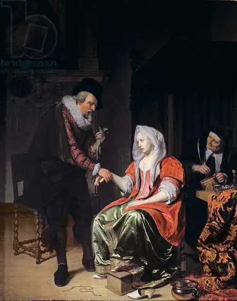 Musscher, Michiel van: Doctor taking a young woman