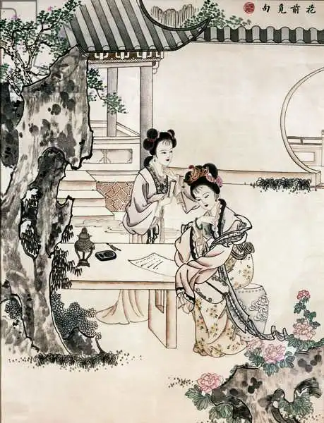 Chinese school: Chinesische Damen in einem Garten