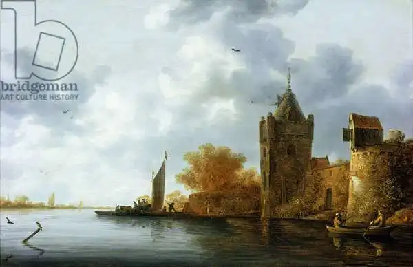 Coelenbier, Jan: River estuary with a tower and fortified walls, ferry embarking