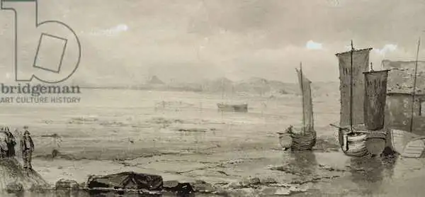 Collins, William: Étude de bord de bord: marée basse, avec bateaux de pêche et pêcheur, 19e siècle