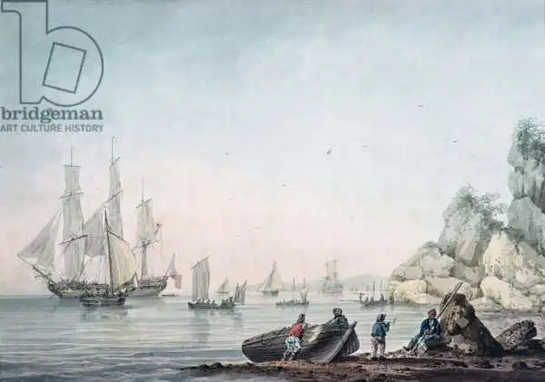 Atkins, Samuel: Vue marine, avec bateau et figures sur un rivage