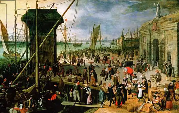 Vrancx, Sebastian: Ein Blick auf den Antwerpen -Hafen mit dem Kraanenhoofd und dem Werf -Tor