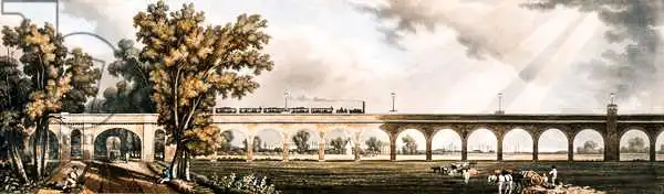 English school (19th century): Ferrocarril de Londres a Greenwich mostrando el viaducto, diseñado por George Landman