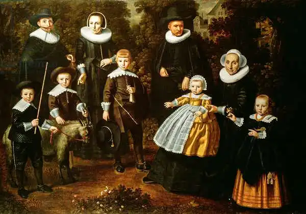 Santvoort, Dirck: Group portrait of three generations of a family in the grounds of a country house