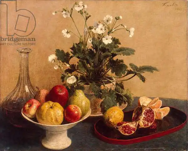 Fantin-Latour, Jean: Flowers, dish with fruit and carafe