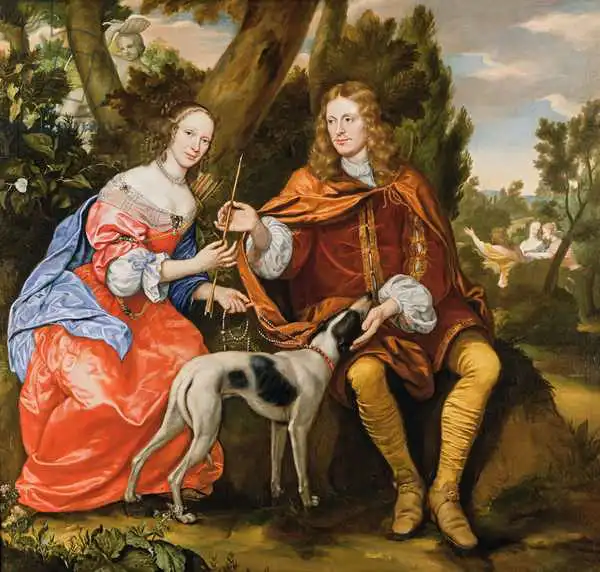 Mytens, Jan: Portrait of a Gentleman and his Wife Holding an Arrow, Seated with their Dog