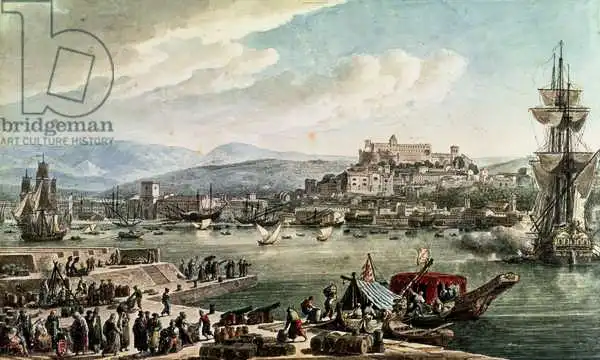 Cassas, Louis Francois: La ville et le port de Trieste vues de la nouvelle taupe, publiée en 1802