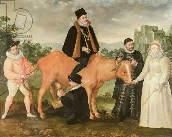Moro, Philip: Portrait of Philip II (mounted) on a cow, the Duke of Alencon, the Duke of Alba, William of Orange and Queen Elizabeth I