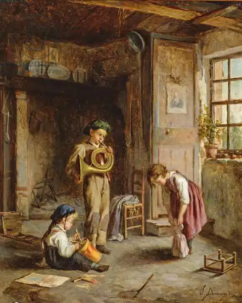 Devaux, J.: Boys with French Horn and Drum, 19th century
