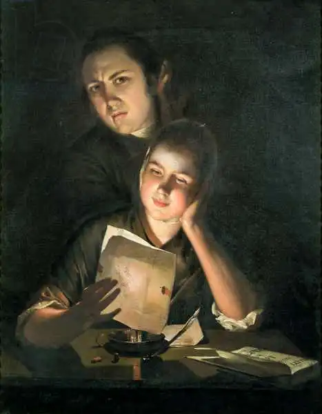 Wright, Joseph: Girl reading a letter by Candlelight, with a Young Man peering over her shoulder