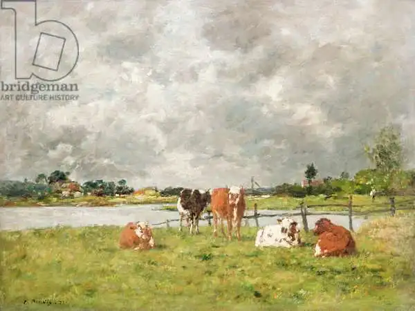 Boudin, Eugene Louis: Vaches dans un champ sous un ciel orageux
