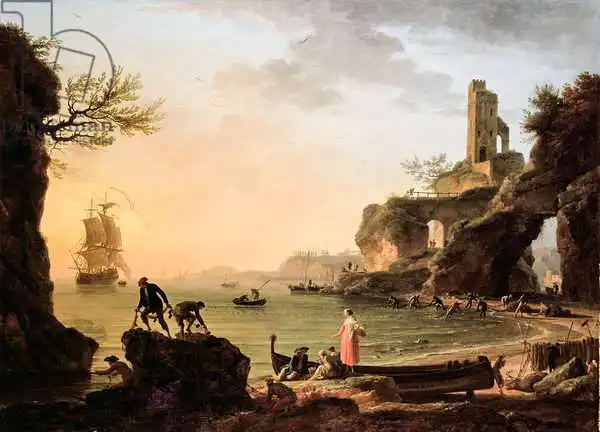 Vernet, Claude Joseph: Coucher de soleil, pêcheurs tirant dans leurs filets