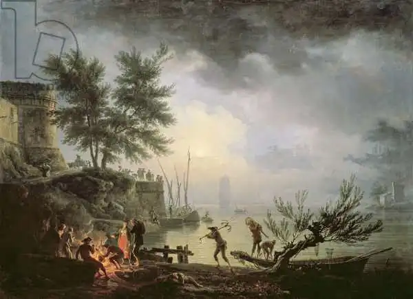 Vernet, Claude Joseph: Sunrise, une scène côtière avec des figures autour d