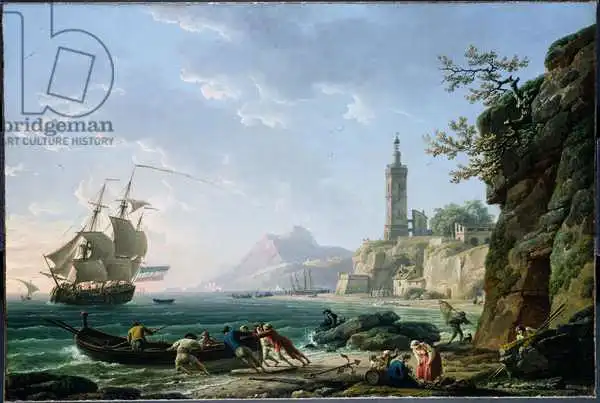 Vernet, Claude Joseph: Un paysage méditerranéen côtier avec un marchand néerlandais dans une baie
