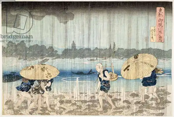 Kuniyoshi, Utagawa: Douche sur les rives de la rivière Sumida à Ommaya Embankment à Edo