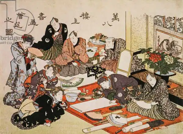 Kunisada, Utagawa: S. 62-1938 Mal- und Kalligraphie-Party im Manpachiro Teaehouse