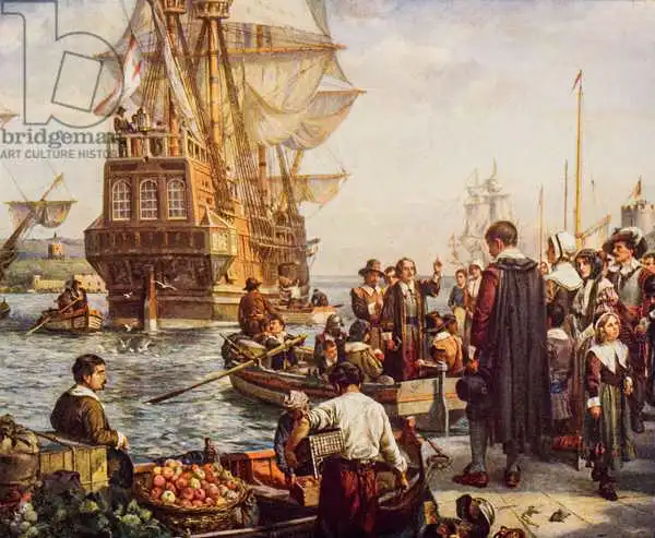 English school (20th century): La partida de los Padres Peregrinos en 1620, ilustración de "The Outline of History" de H.G. Wells, Volumen II, publicado en 1920.