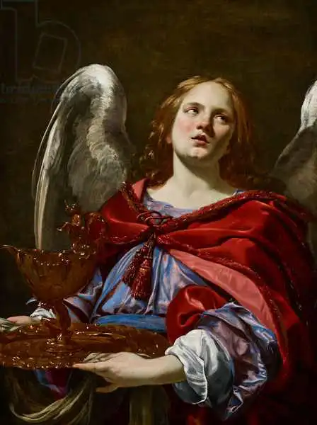 Vouet, Simon: Angels avec des attributs de la passion: Angel tenant le navire et la serviette pour laver les mains de Pontius Pilate