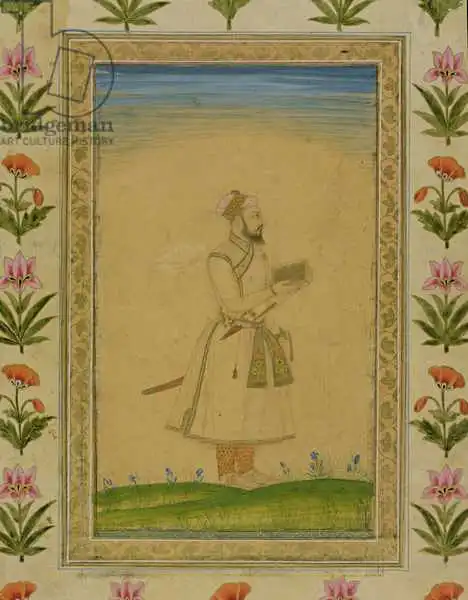 Indian school (17th century): Stehende Figur eines Adligen, das ein Buch aus dem kleinen Clive -Album hält