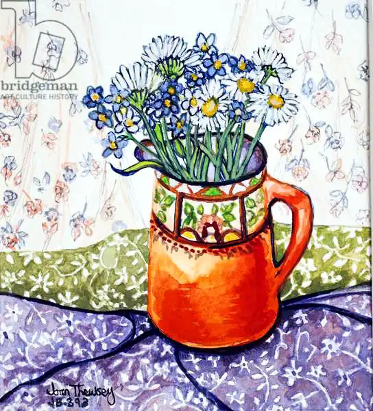 Thewsey, Joa: Daisies and Forget-Me-Nots Orange Jug and Patterned Fabric