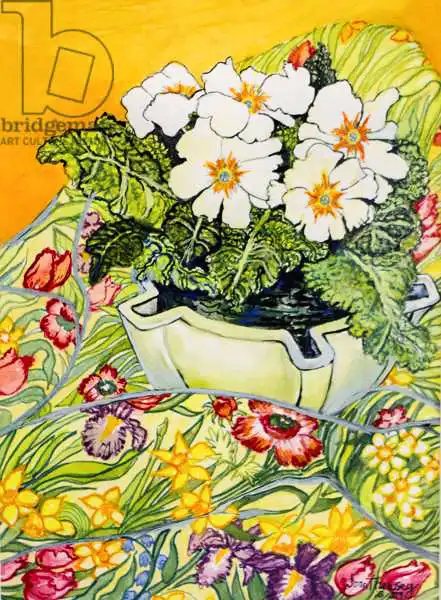 Thewsey, Joa: Pale Primrose in a Pot with Spring-flowered Textile
