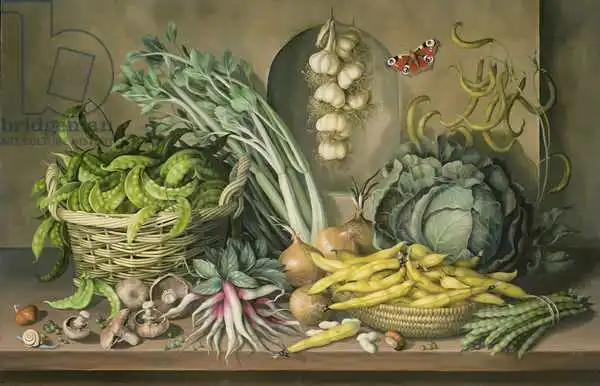 Kleiser, Amelia: Garlic and radishes and a peacock buttefly