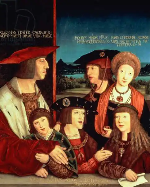 Strigel, Bernhard: Maximilian I (1459-1519) mit seiner ersten Frau Mary von Burgundy (1457-82) zwischen ihnen ihrem Sohn Philip I. Spanien und König von Kastilien (der Messe) (1478-1506), seinen Söhnen Charles V. (1500-58)