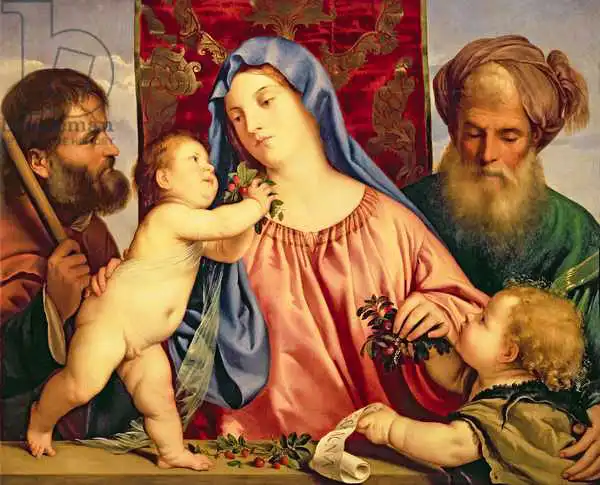 Tizian: Madonna of the Cherries with Joseph, St. Zacharias and John the Baptist