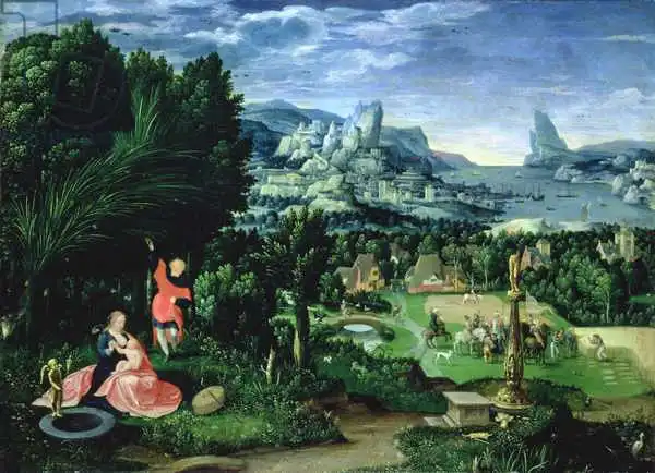 Unknown: The Rest on the Flight into Egypt, landscape painted by Joachim Patinir (fl.1515-25)