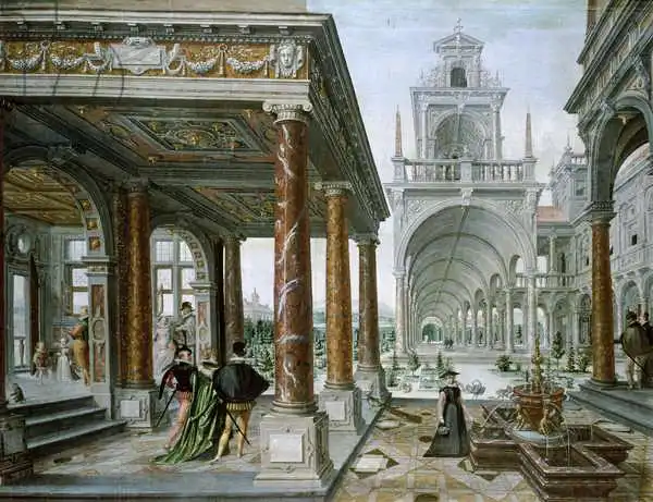 Vredeman de Vries, Hans or Jan: Cappricio of palace architecture with Figures Promenading