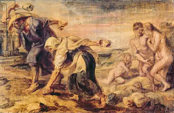 Rubens, Peter Paul: Deucalion et Pyrrha Reppeople le monde en jetant des pierres derrière eux